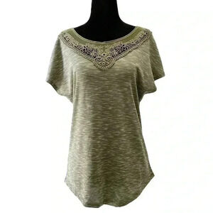 Ricki’s Cap Sleeve T-Shirt Crochet Trim Top Khaki Green Space  Dye Small